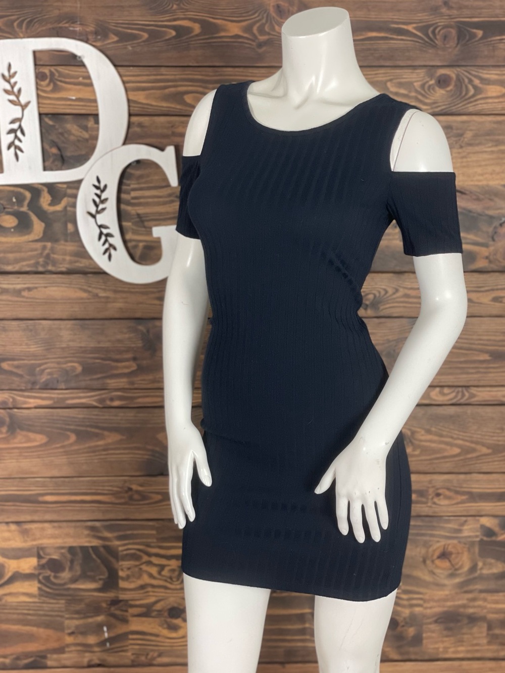 Kendall & Kylie | Ribbed Cold-Shoulder Bodycon Dress Black Low Cut Open Back